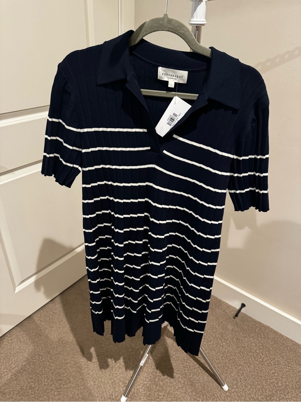Free Market Navy and White Striped Collared Knit Dress. BNWT